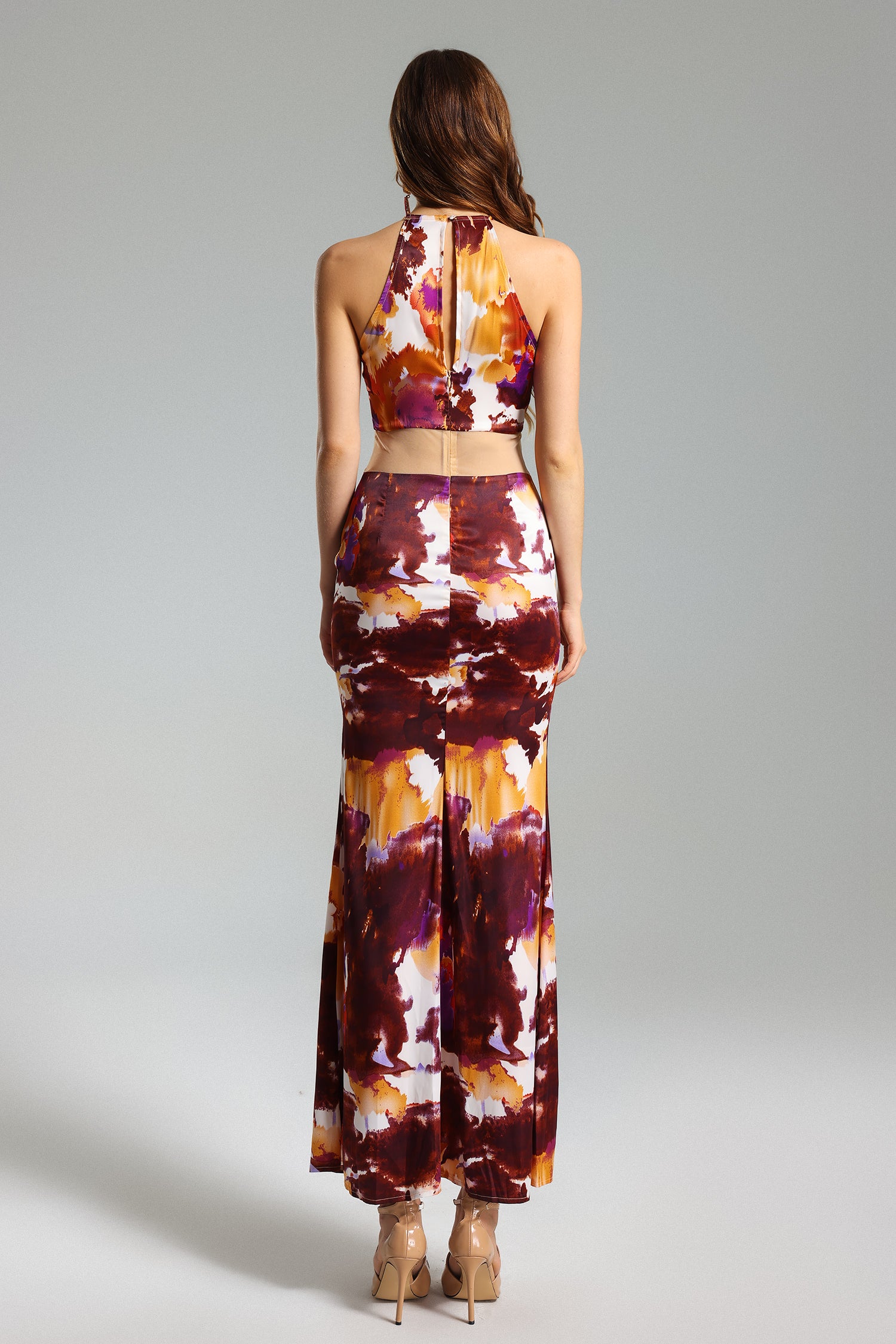 Johe-Flower-Print-Mesh-Halter-Slit-Dress-1